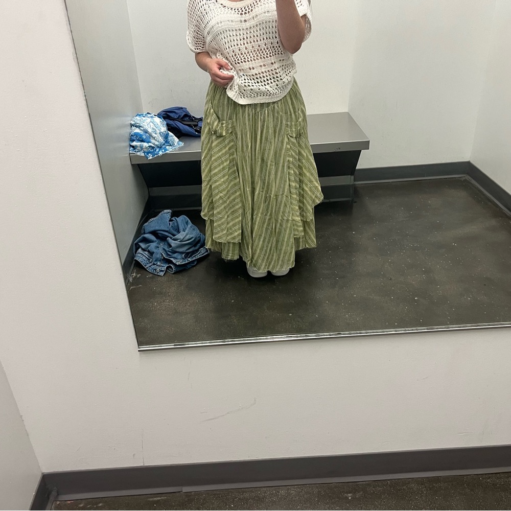 FP Movement by Free People Olive-Green Striped Tiered Maxi Skirt